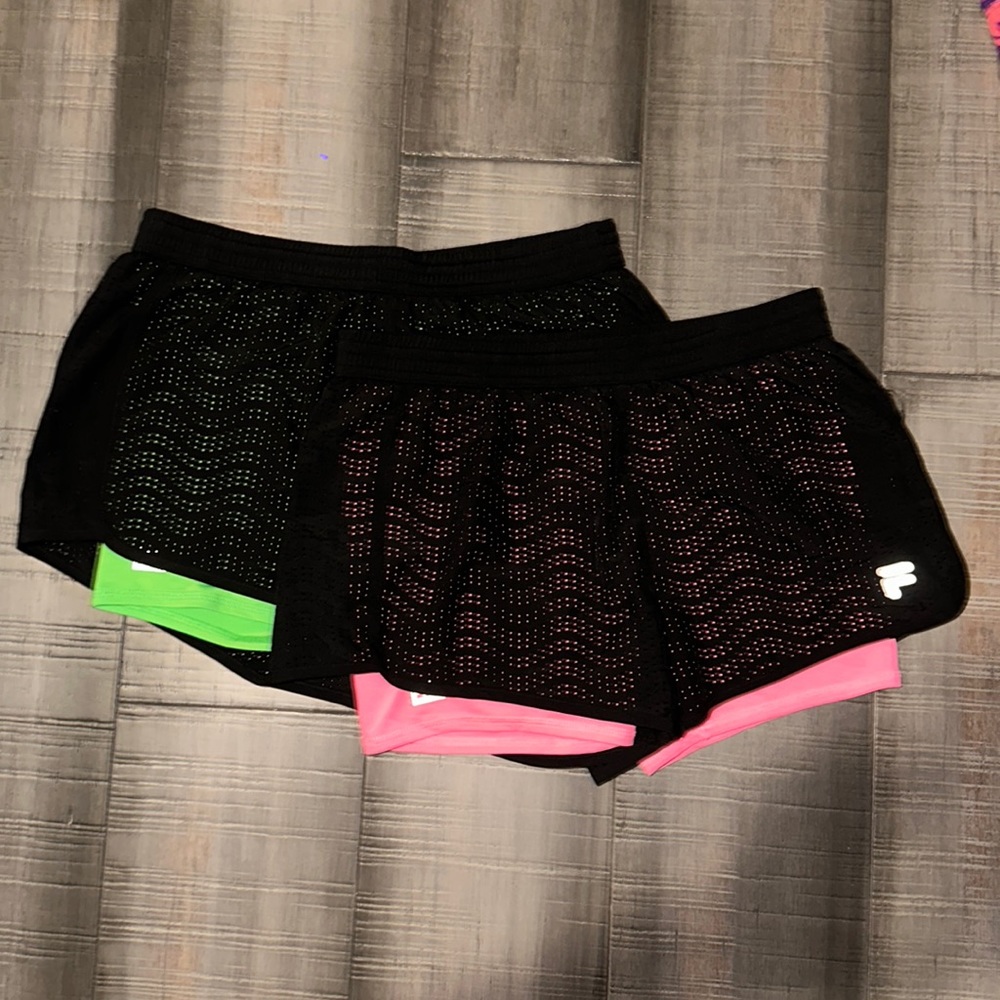 Two Pairs Fila Running Shorts: Colored Liner with Black Mesh Shell